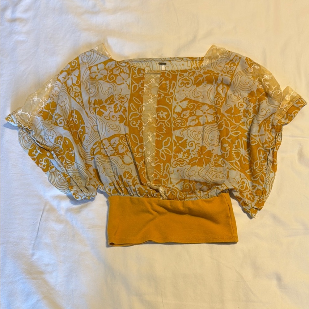 Free People Yellow and Blue Flutter Sleeve Blouse